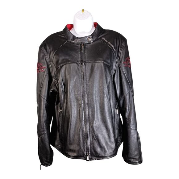 Harley Davidson Motorcycle Jacket Red Heart Embroidery Black Leather Womens XL - Picture 1 of 12